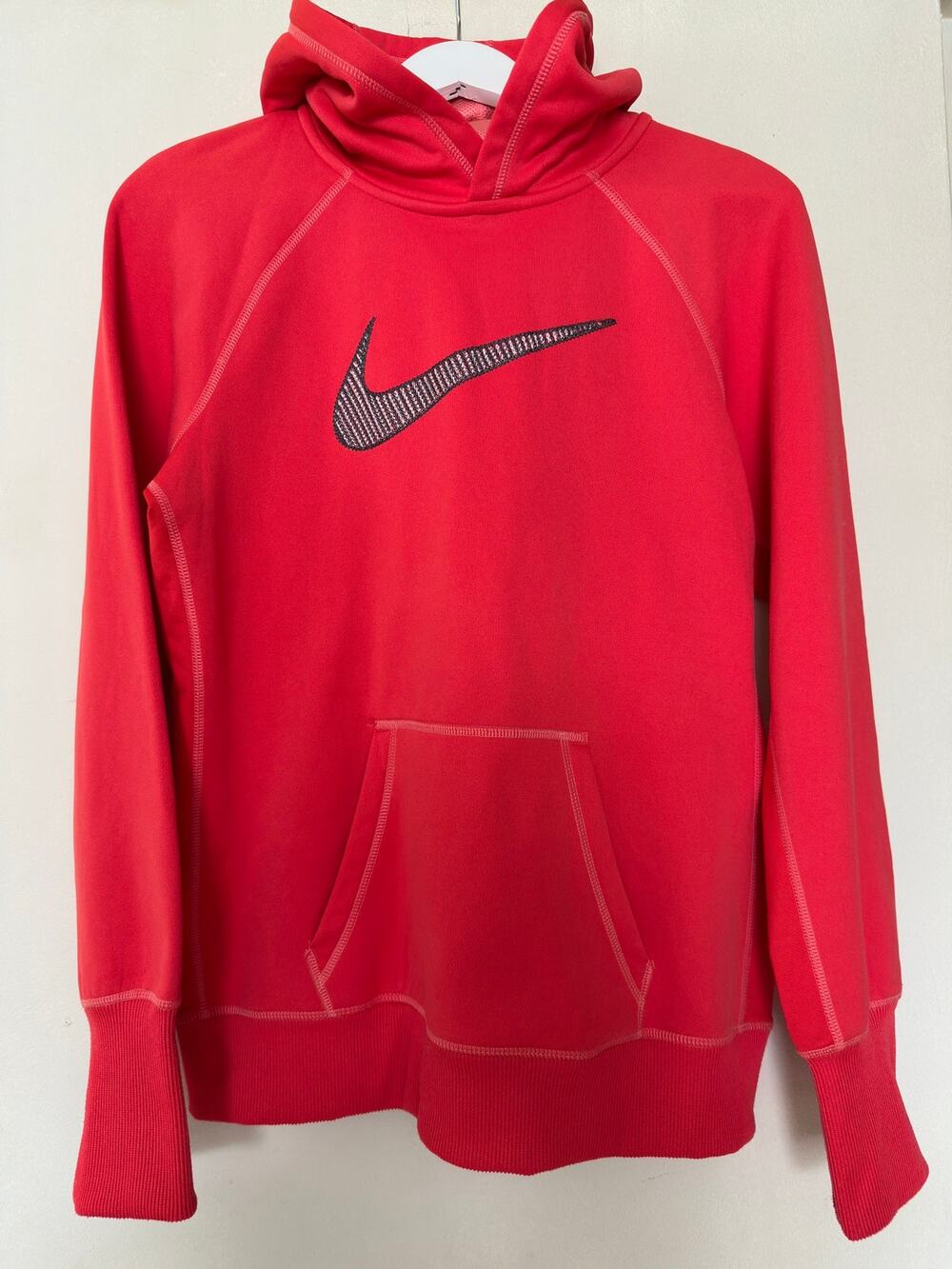 Nike Therma Fit Hoodie Red Textured Swoosh Fleece Pullover Size L 518873-625